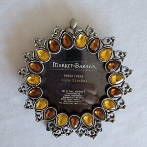 Jeweled Round Picture Frame Amber & Gold Stones with Pewter Frame 3" Photo
